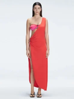 Coraline Red One Shoulder Asymetrical Maxi Dress