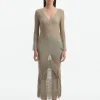 Elba Khaki Long Sleeve Knit Fringe Maxi Dress