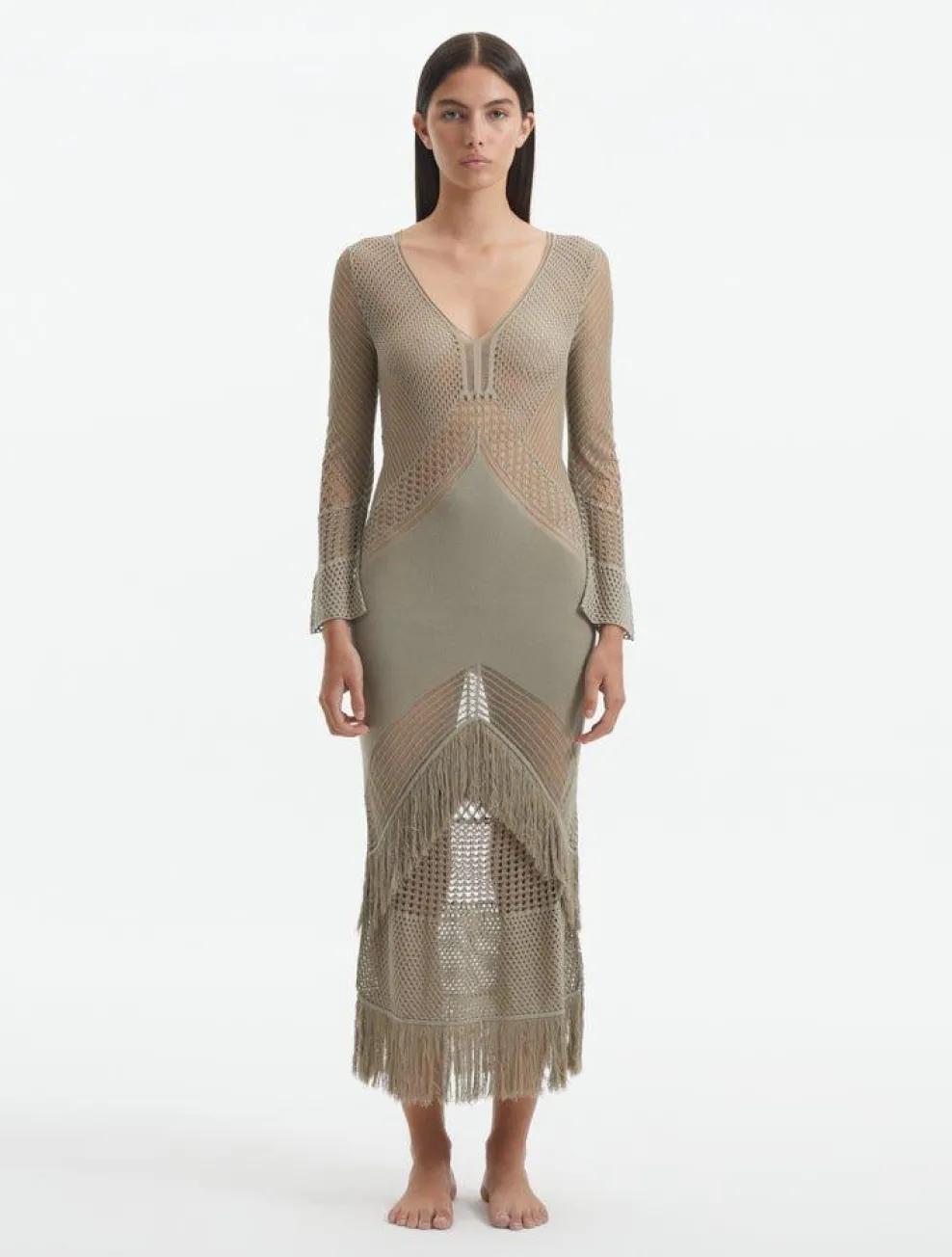 Elba Khaki Long Sleeve Knit Fringe Maxi Dress