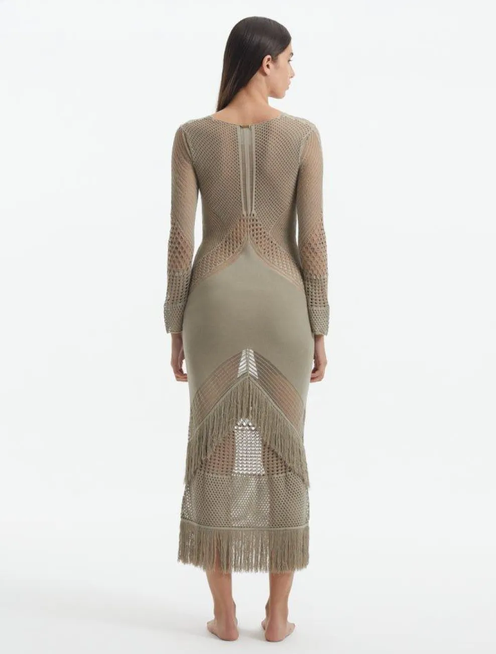 Elba Khaki Long Sleeve Knit Fringe Maxi Dress