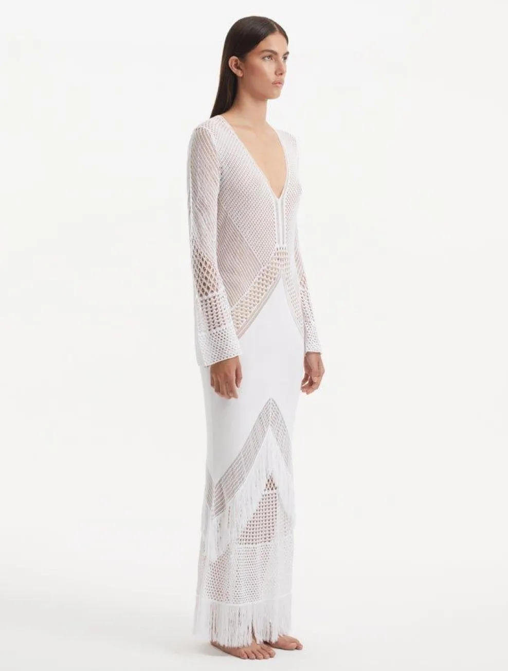 Elba White Long Sleeve Knit Fringe Maxi Dress