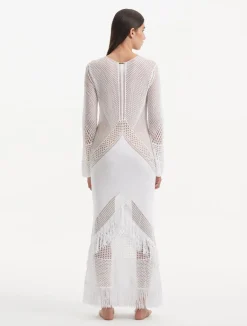 Elba White Long Sleeve Knit Fringe Maxi Dress