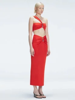 Esmeralda Red Textured Midi Skirt