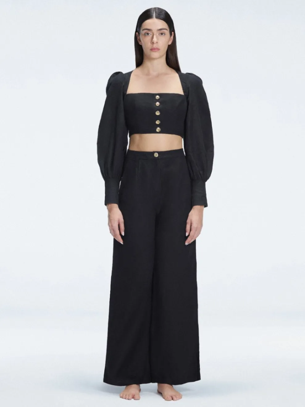 Gemma Black Linen Square Neck Long Sleeve Crop Top
