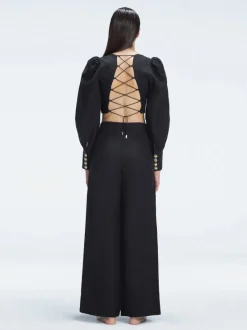Gemma Black Linen Square Neck Long Sleeve Crop Top