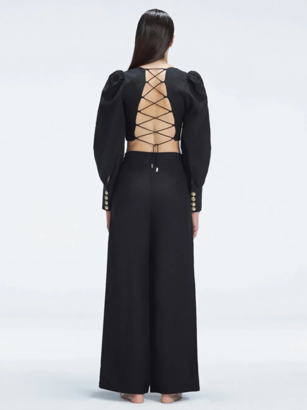 Gemma Black Linen Square Neck Long Sleeve Crop Top