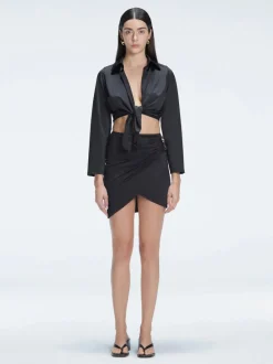 Greta Black Satin Long Sleeve Tie Front Shirt