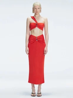 Lane Red Textured One Shoulder Crop Top