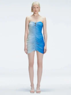 Marsiela Blue Optical Bandeau Draped Mini Dress