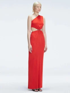 Violet Red One Shoulder Textured Maxi Dress